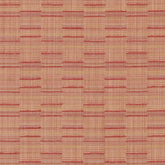 Warm peach woven upholstery fabric with red grid stripes forming a subtle plaid.