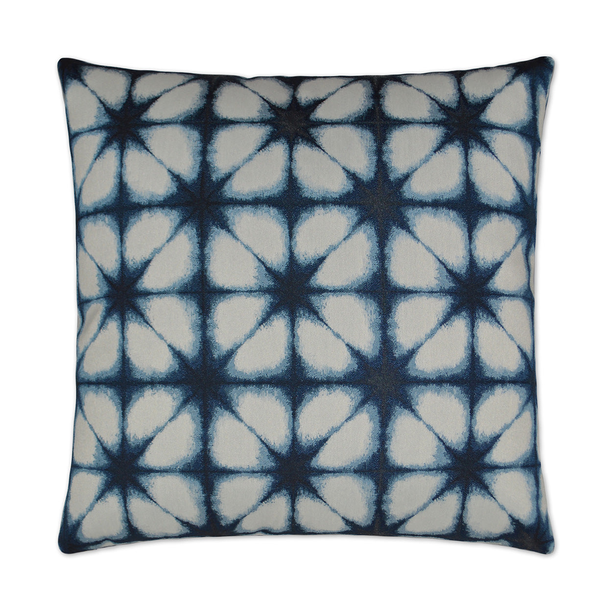 Square decorative pillow with navy blue tie-dye starburst lattice pattern on white fabric.