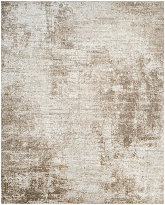 Rectangular beige-taupe distressed area rug with abstract vintage pattern and soft woven texture.