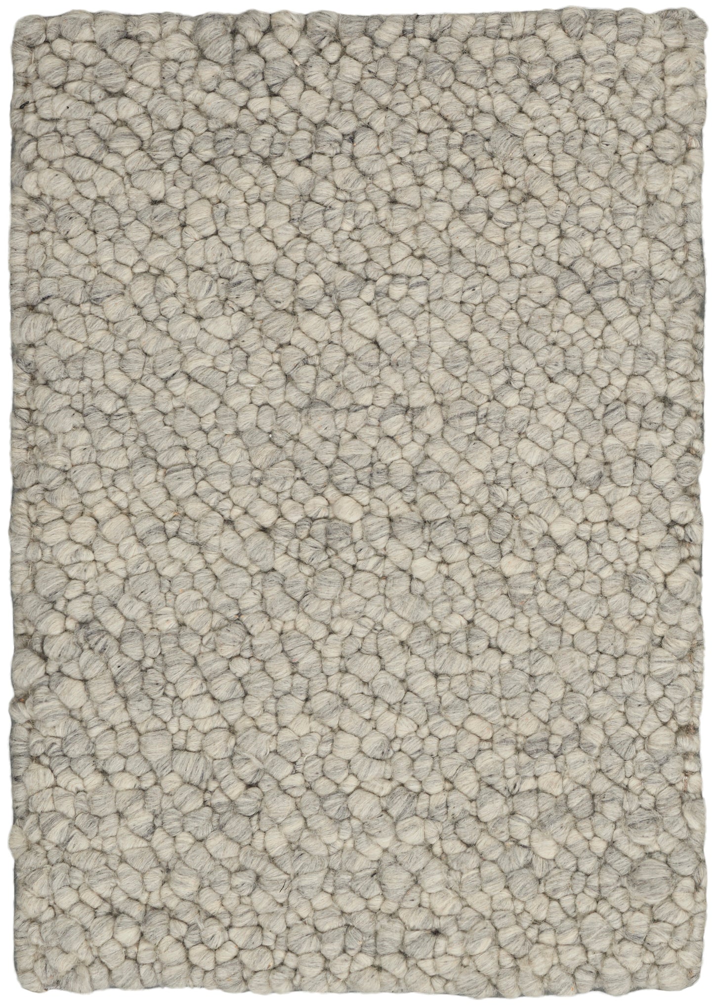 Rectangular cream & gray boucle wool rug with chunky loop texture for living spaces.