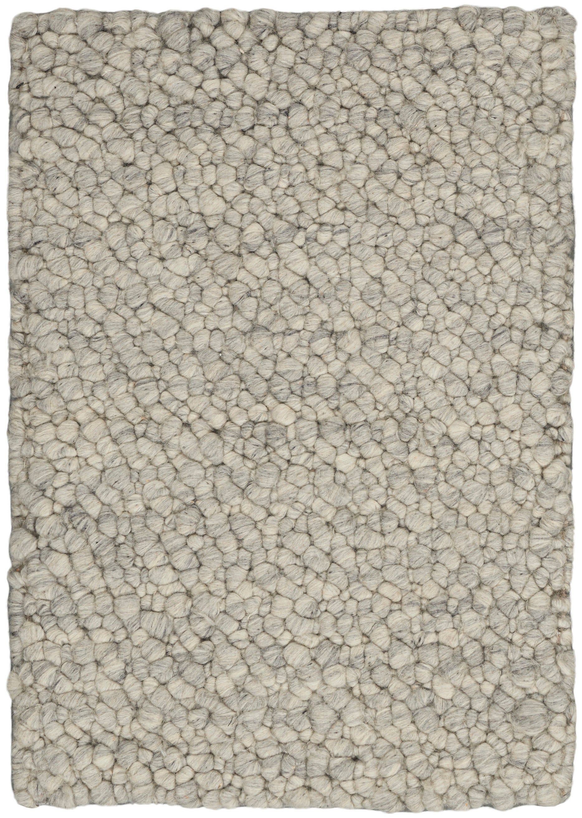 Rectangular cream & gray boucle wool rug with chunky loop texture for living spaces.
