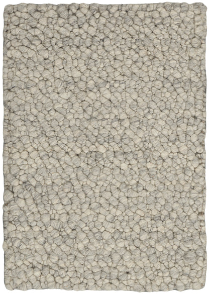 Rectangular cream & gray boucle wool rug with chunky loop texture for living spaces.