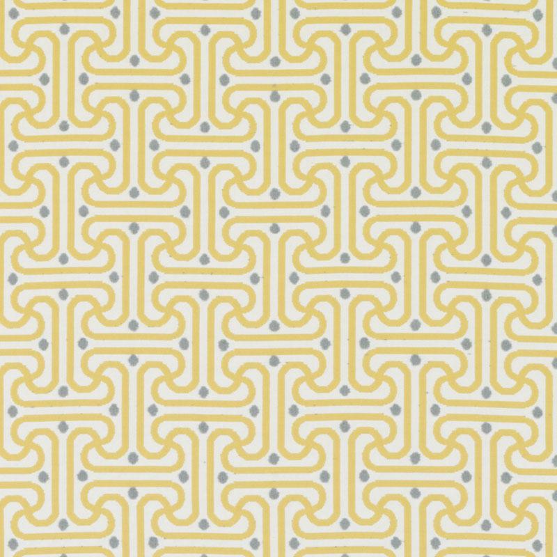 Yellow interlocking chain-link motif on pale cream background with small gray dots; retro geometric upholstery fabric pattern.