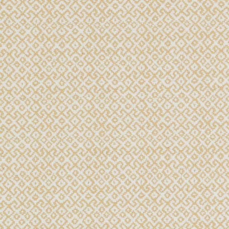 Beige textile with a white geometric lattice/Greek-key damask pattern; suitable for upholstery.