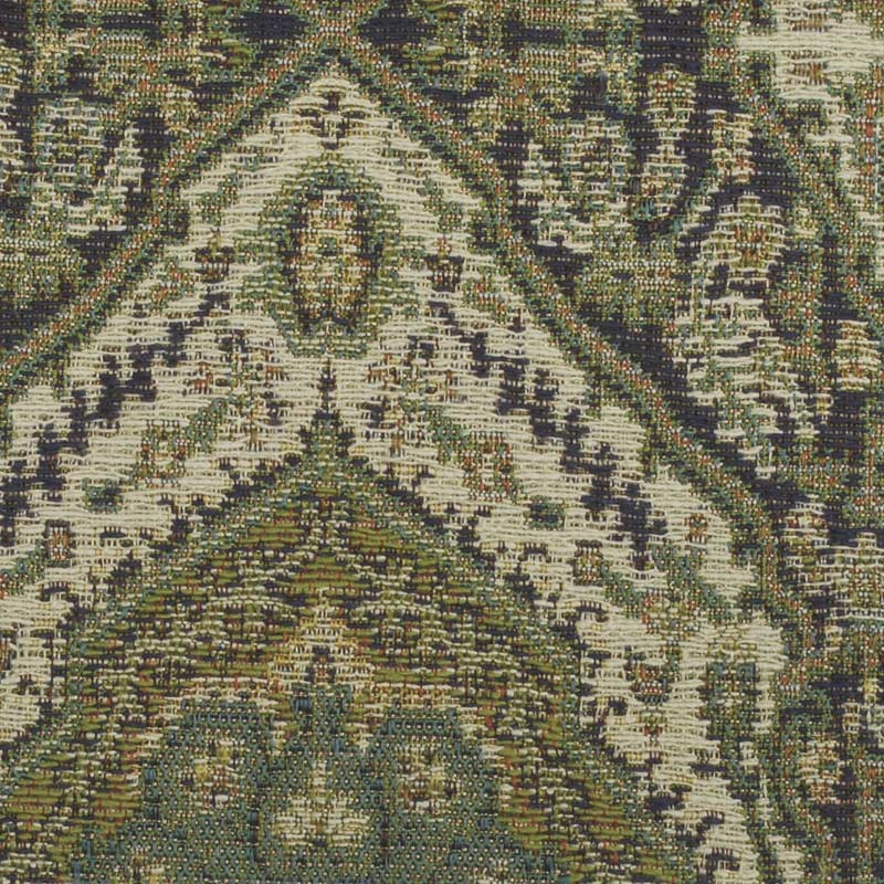 Close-up of oriental-inspired upholstery fabric with geometric medallions in olive, teal, beige and navy.