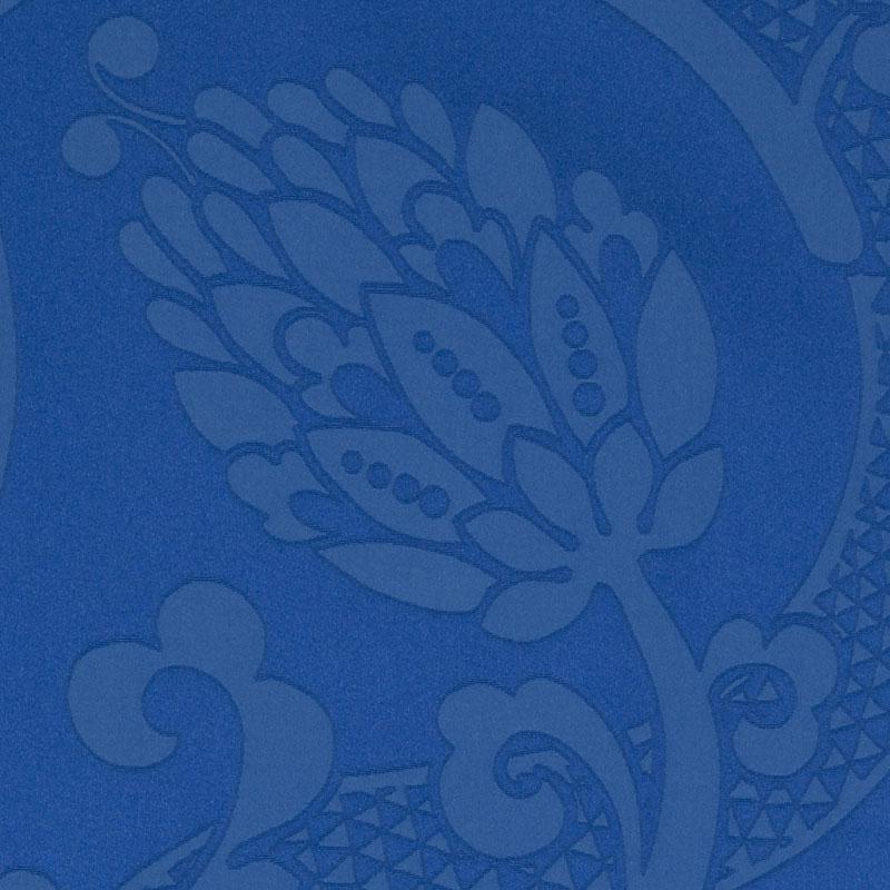 Blue fabric with pale intricate floral-paisley pattern and ornamental border.