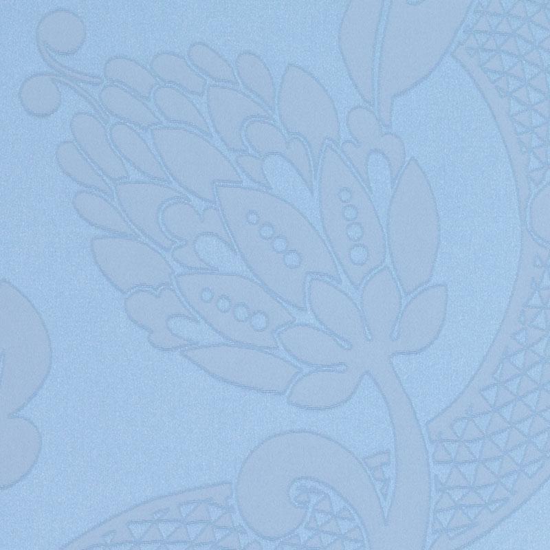 Pale blue fabric with a subtle embossed floral leaf damask motif.