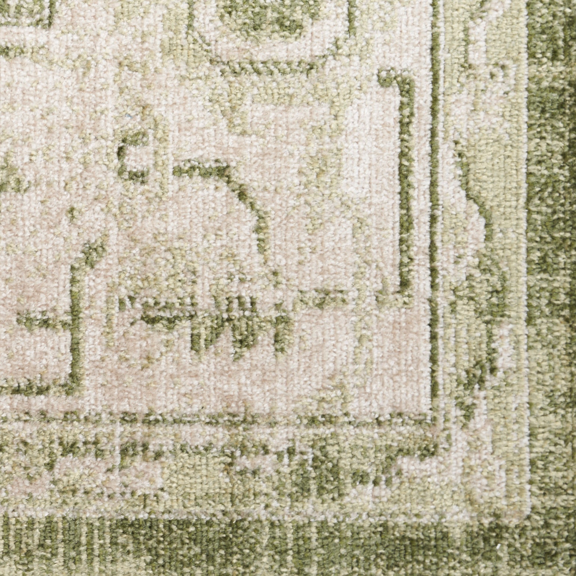 Close-up of beige rug with olive-green border and subtle floral pattern; plush textured pile.