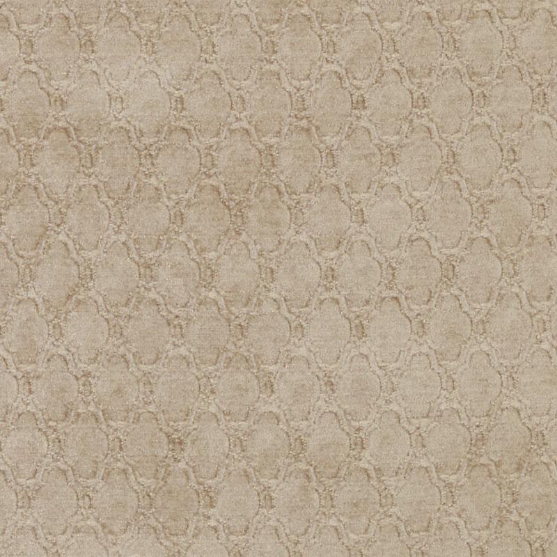Beige damask-patterned, textured upholstery fabric with ornate oval medallions; jacquard-style material.