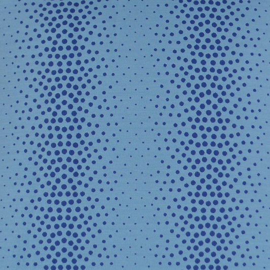 Light blue fabric with navy blue halftone dots forming curved vertical bands.