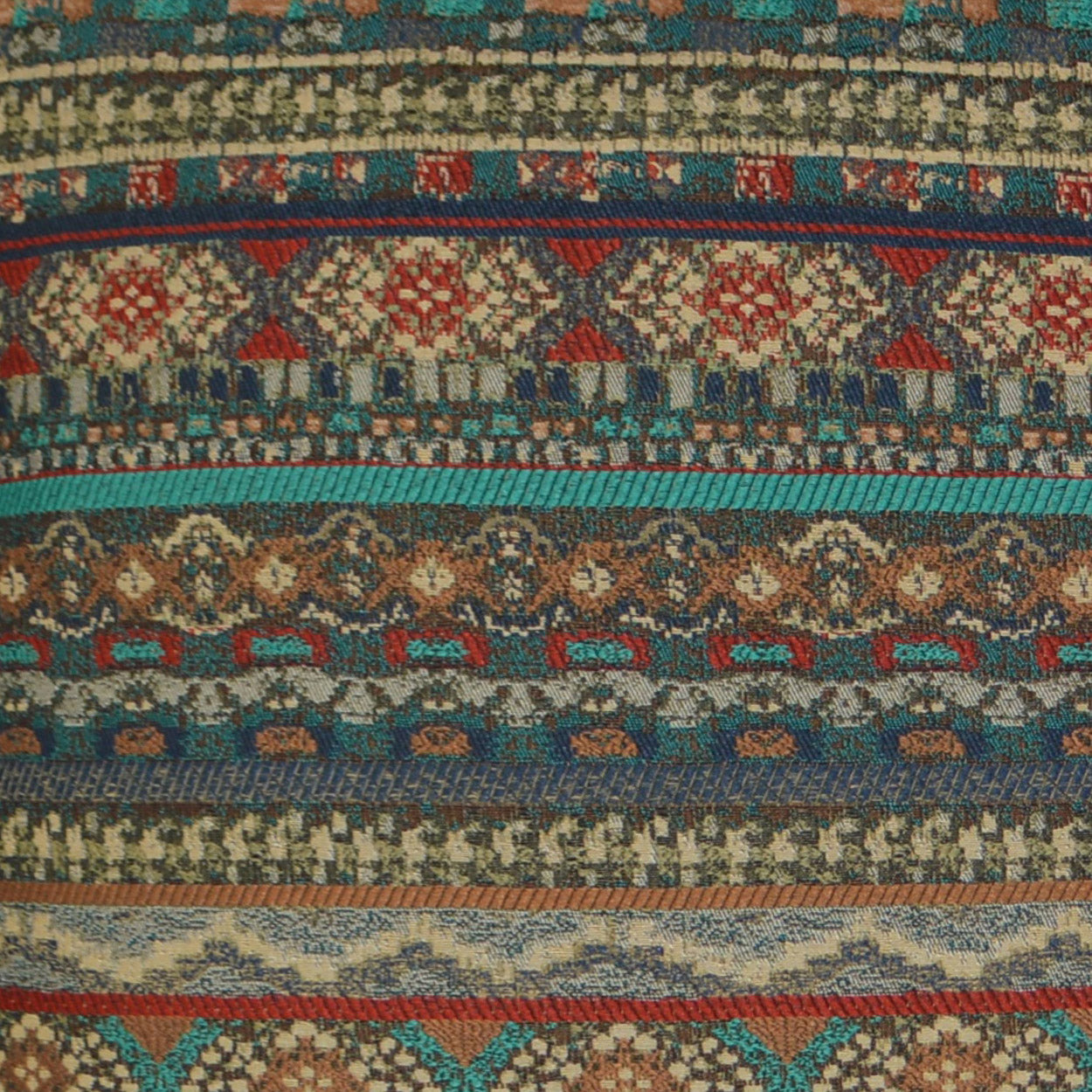 Close-up of a colorful woven textile with horizontal geometric bands in teal, red, brown and cream; tribal rug style.