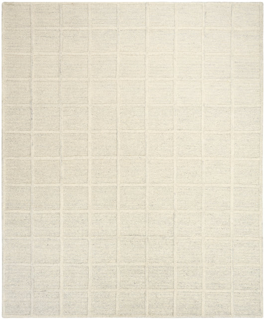Beige woven rug with a subtle square grid pattern; rectangular, soft linen-like texture for modern living spaces.