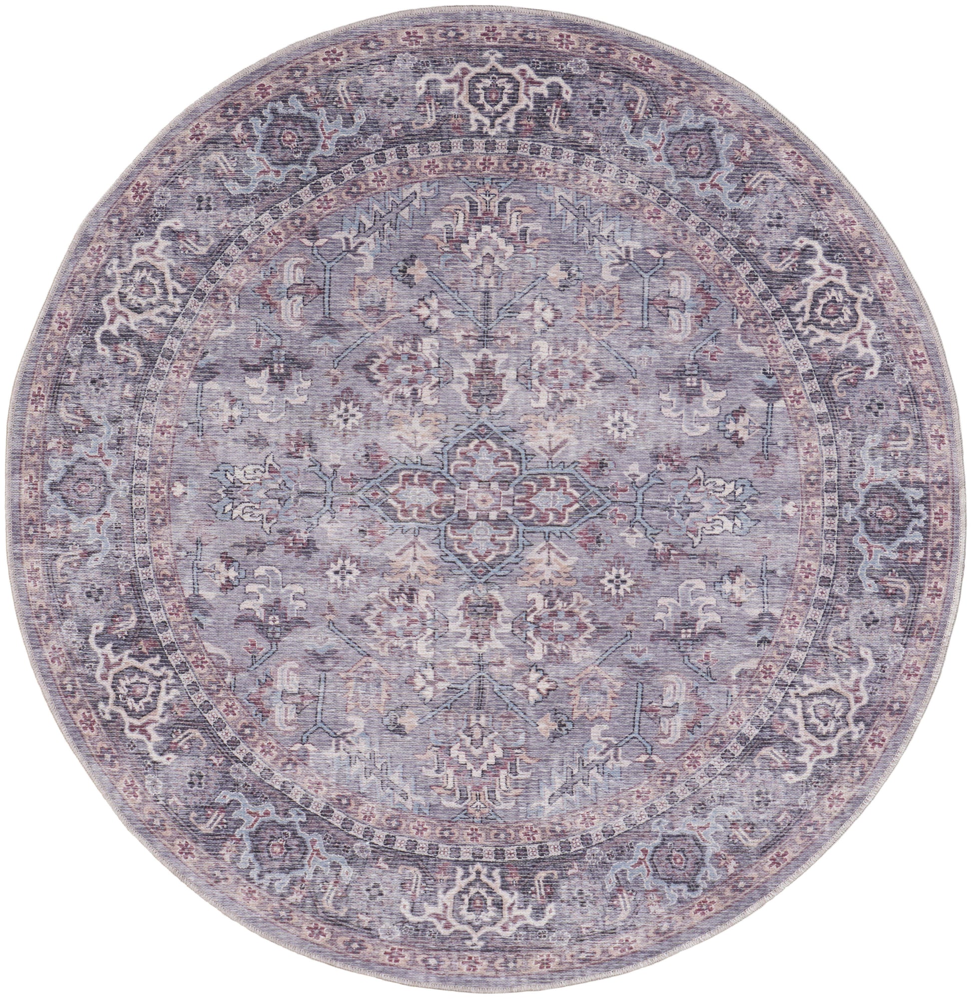 Round Persian-style rug in lavender-gray with pastel pink accents; intricate floral medallion center, vintage distressed finish.