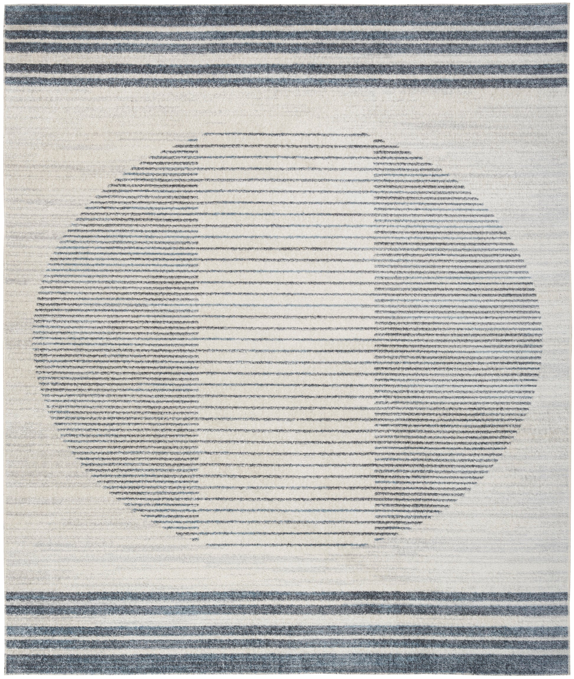 Beige flatweave rug with a large circle of blue stripes, navy horizontal border stripes at top and bottom.