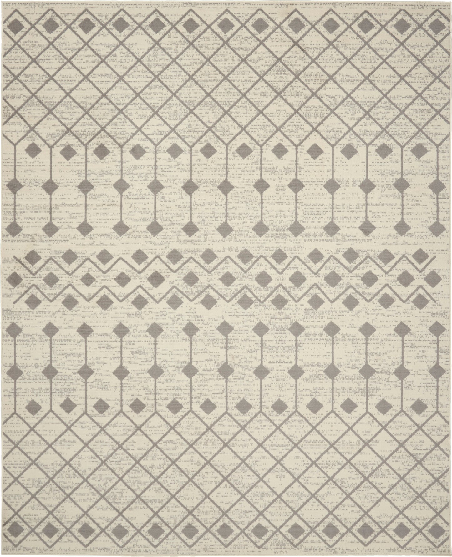 Beige rectangular area rug with gray geometric lattice diamonds and decorative bands.