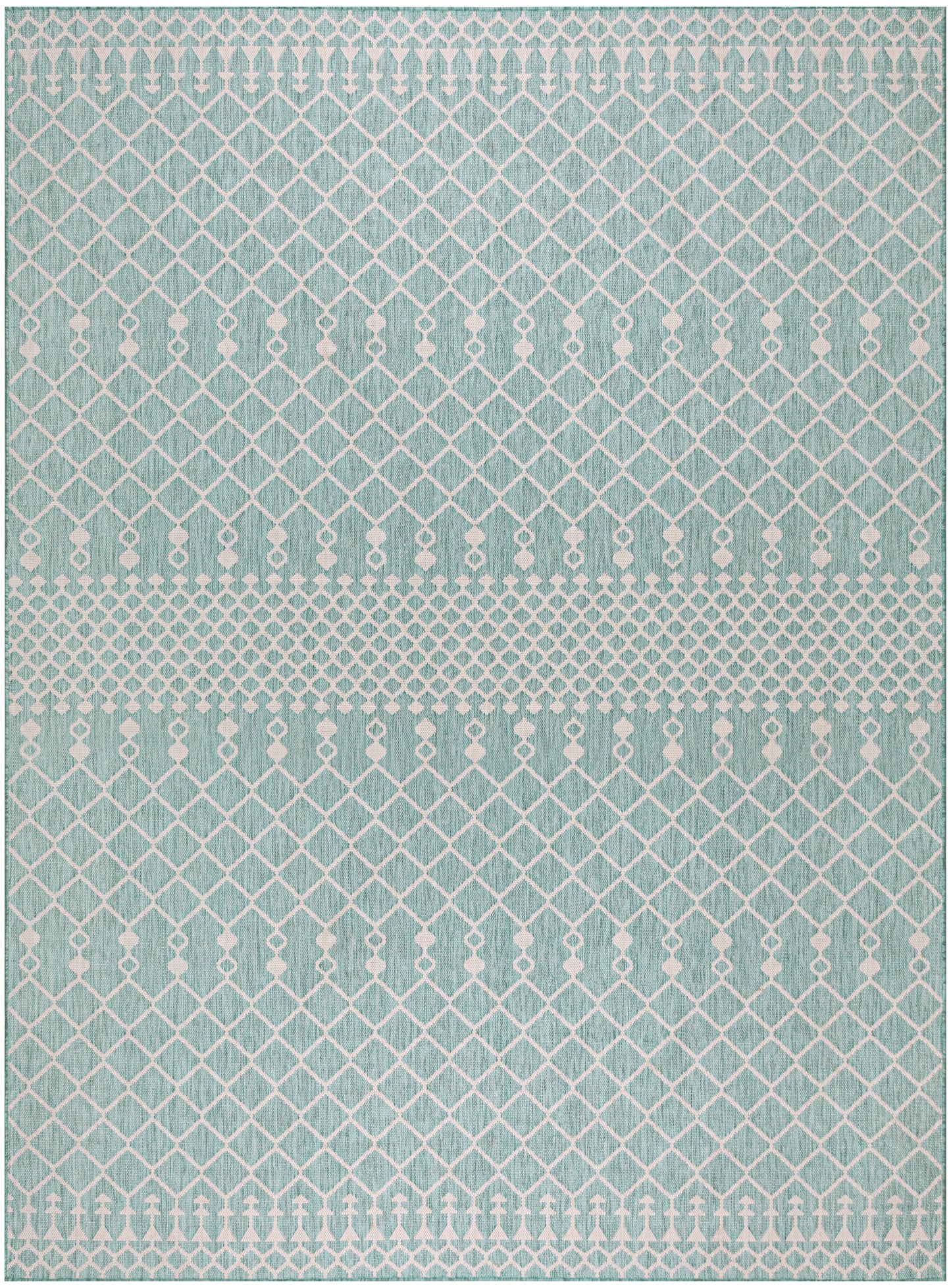 Mint teal rectangular rug with white geometric lattice, diamond motifs and decorative border patterns.