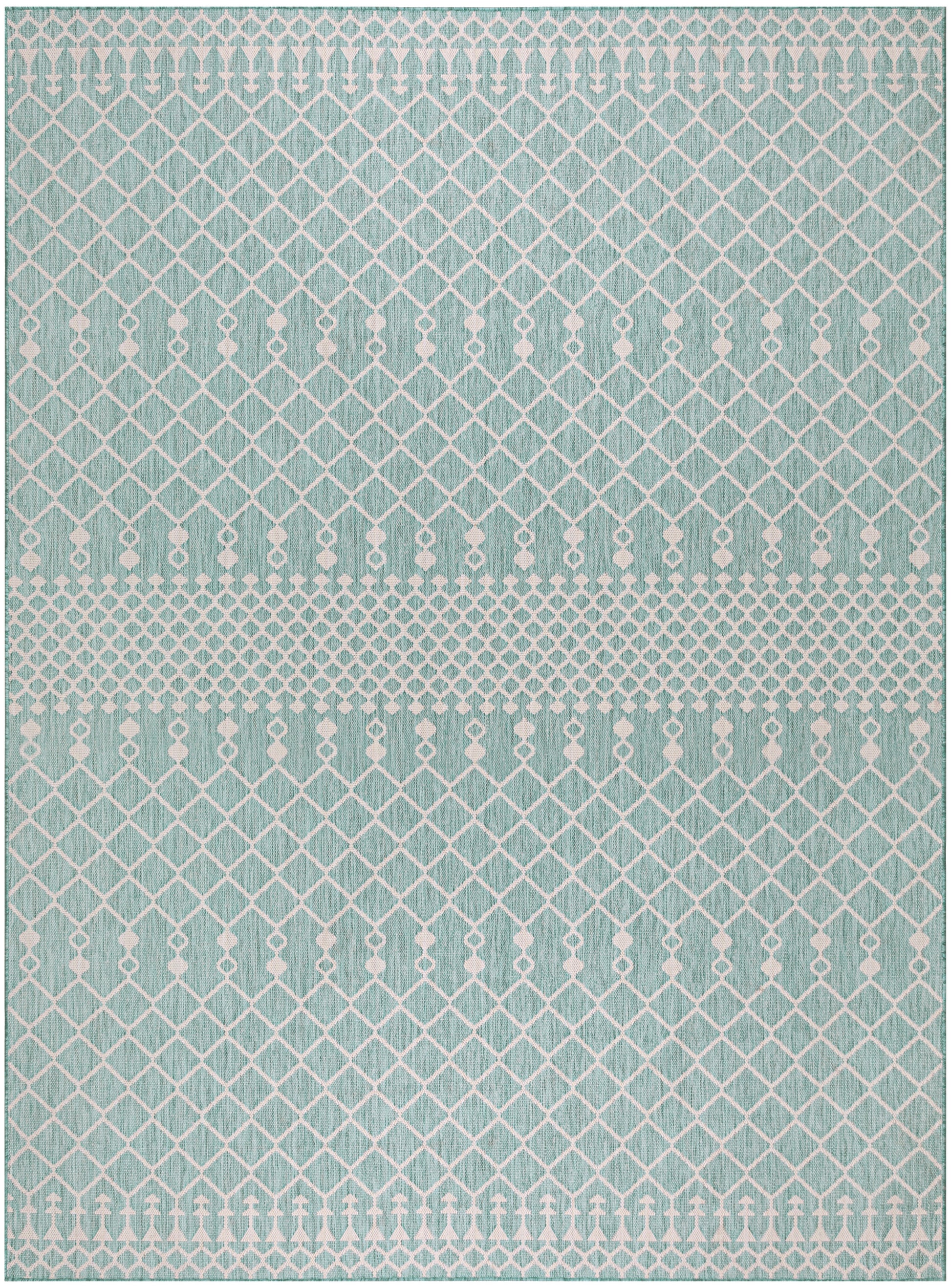 Mint teal rectangular rug with white geometric lattice, diamond motifs and decorative border patterns.