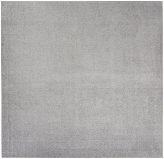 Grey textured outdoor area rug with soft plush pile, square shape.
