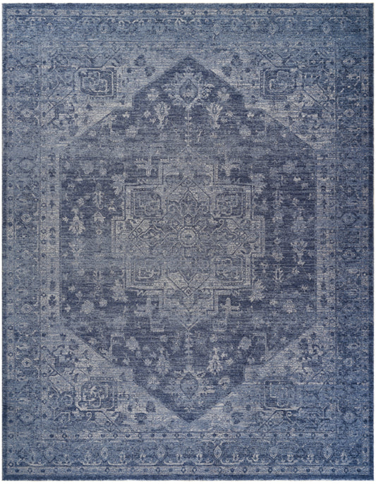 Blue distressed oriental rug with a faded central medallion, ornate border and vintage-washed look.
