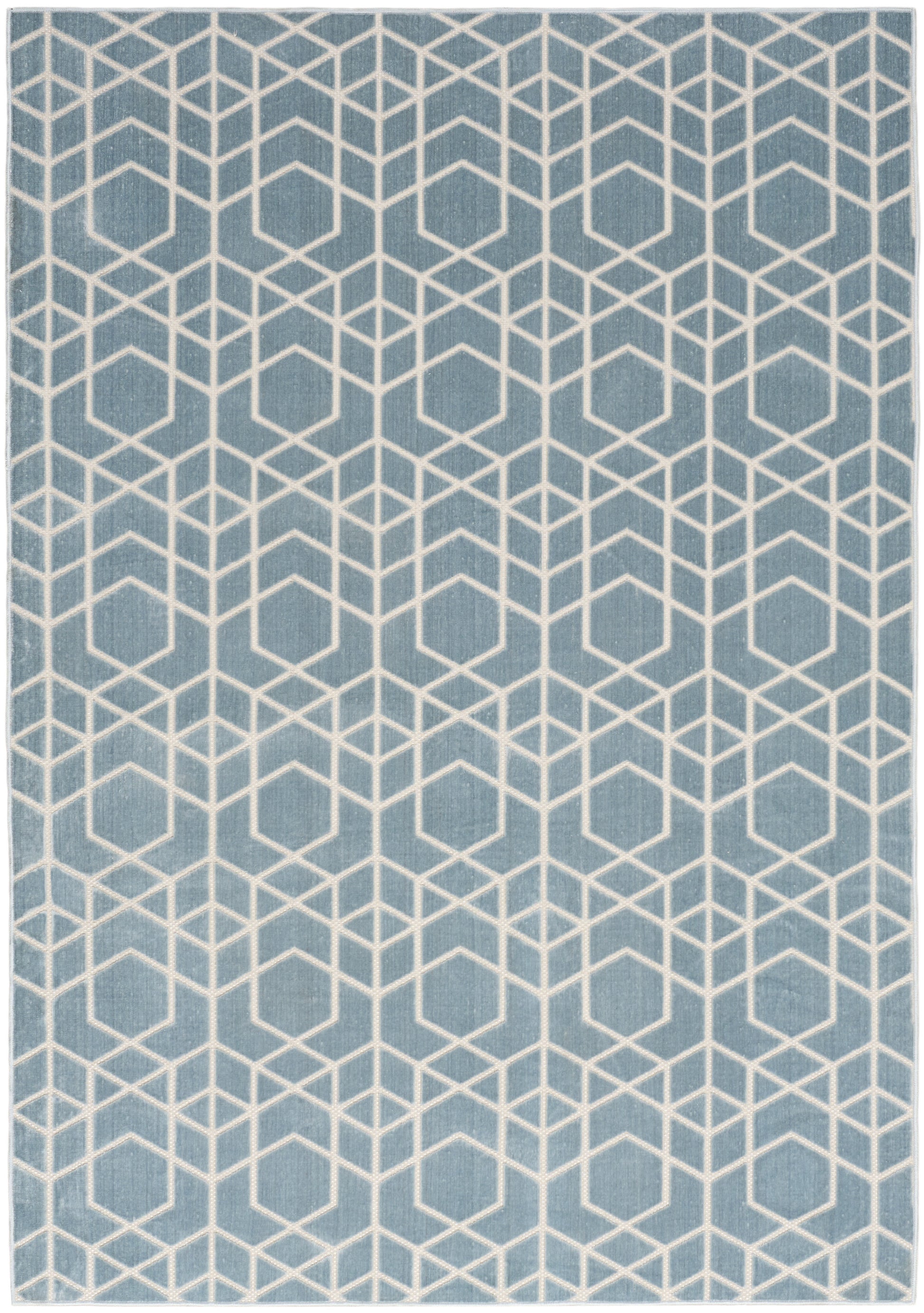 Teal rug with a repeating white geometric cube pattern; modern decorative floor covering.
