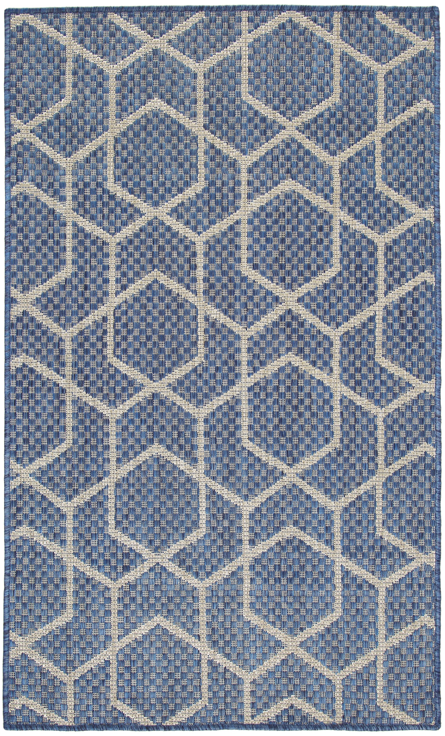 Blue and cream geometric lattice rug, flat-weave, rectangular; modern coastal style for living room.