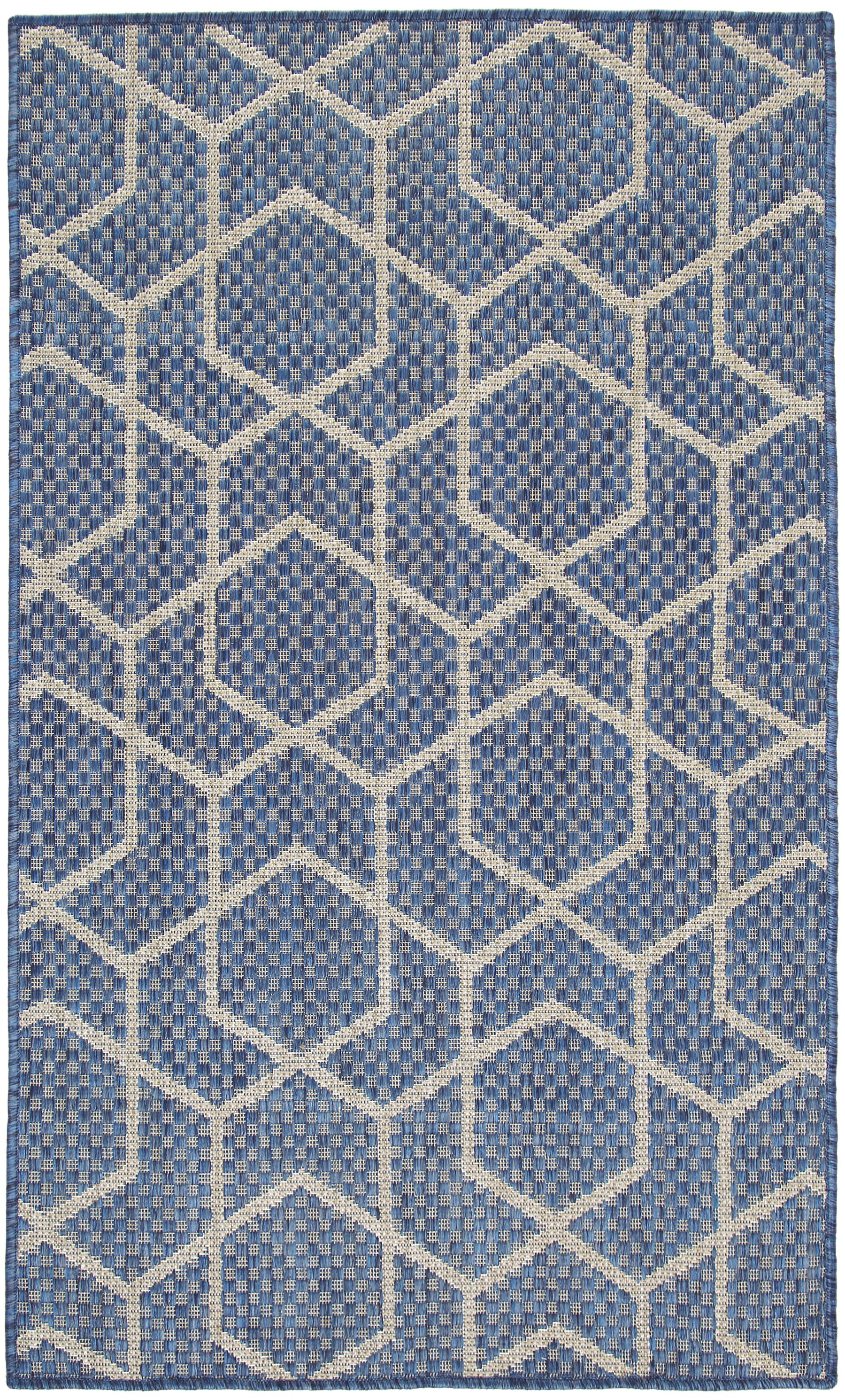 Blue and cream geometric lattice rug, flat-weave, rectangular; modern coastal style for living room.