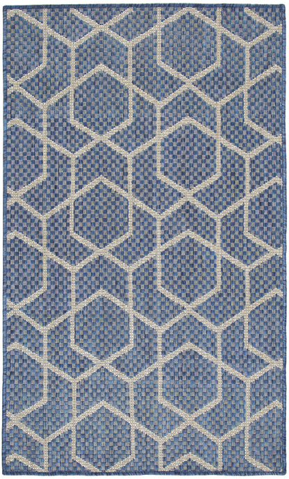 Blue and cream geometric lattice rug, flat-weave, rectangular; modern coastal style for living room.