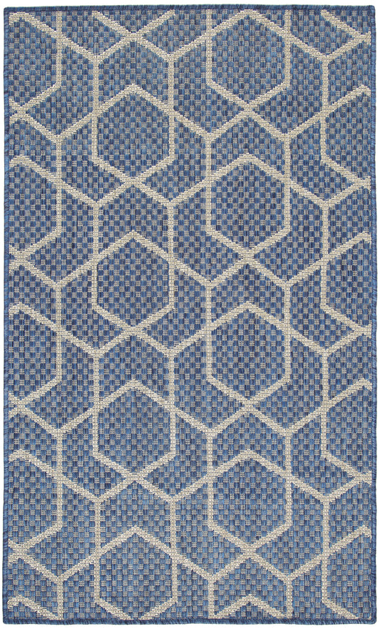 Blue and cream geometric lattice rug, flat-weave, rectangular; modern coastal style for living room.