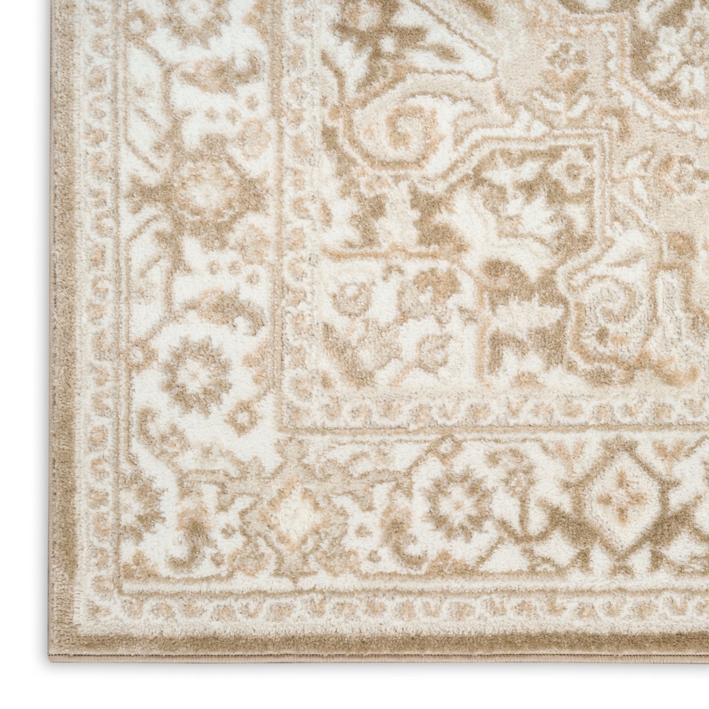 Cream & taupe oriental rug with ornate floral border & plush tufted pile for living room decor.
