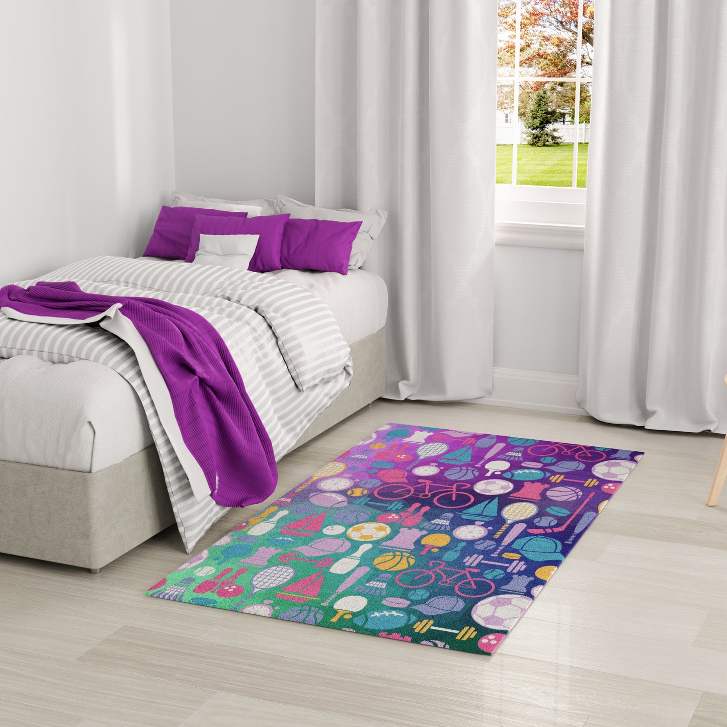 Vibrant patterned rug with teal, purple, pink circular shapes beside a white bed with purple pillows in a bright room.