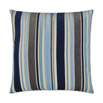 Rectangular decorative throw pillow with vertical navy, light blue, cream and taupe stripes on woven fabric.