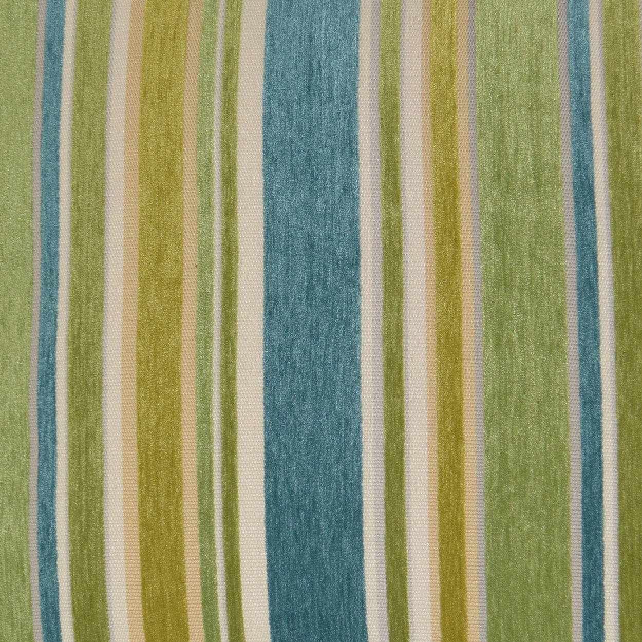 Vertical striped fabric in blue, teal, olive green and beige; woven textile suitable for upholstery or home decor.