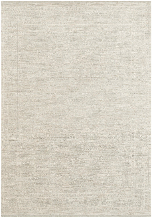 Cream beige area rug with subtle distressed arabesque medallion pattern; rectangular, neutral home décor.