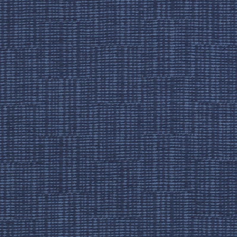 Dark blue woven upholstery fabric with a subtle light-blue grid pattern; denim-inspired textile texture.