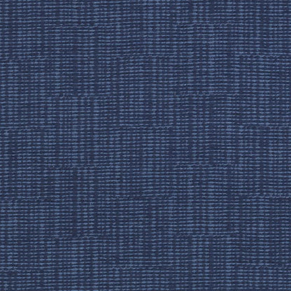 Dark blue woven upholstery fabric with a subtle light-blue grid pattern; denim-inspired textile texture.