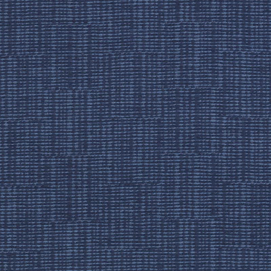 Dark blue woven upholstery fabric with a subtle light-blue grid pattern; denim-inspired textile texture.