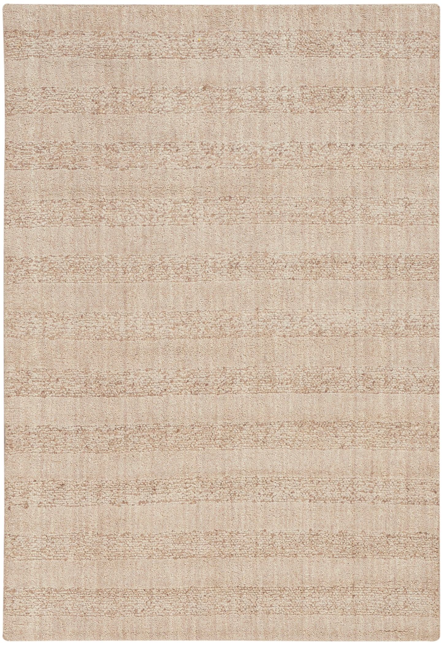 Beige rectangular area rug with soft textured weave and subtle horizontal stripe pattern.