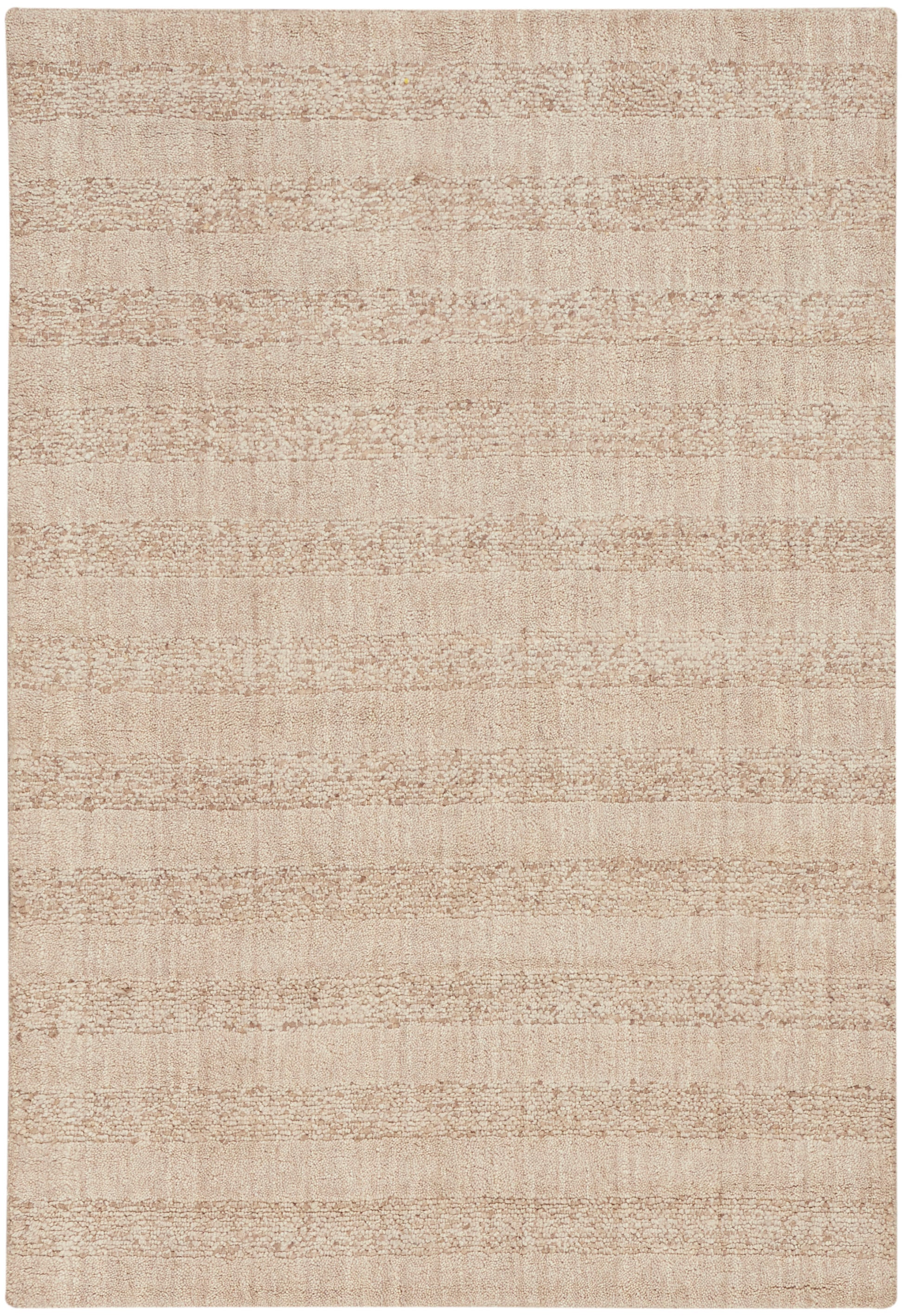 Beige rectangular area rug with soft textured weave and subtle horizontal stripe pattern.