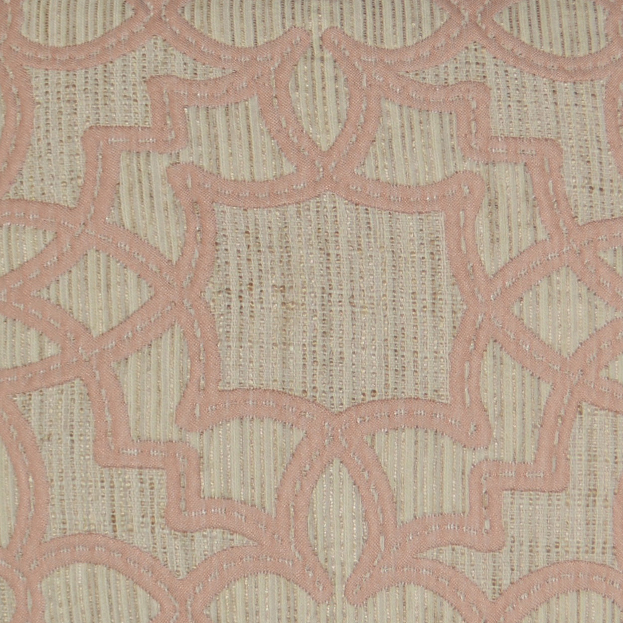 Beige textile with pink embroidered geometric lattice pattern, textured woven background, soft pastel decor fabric.