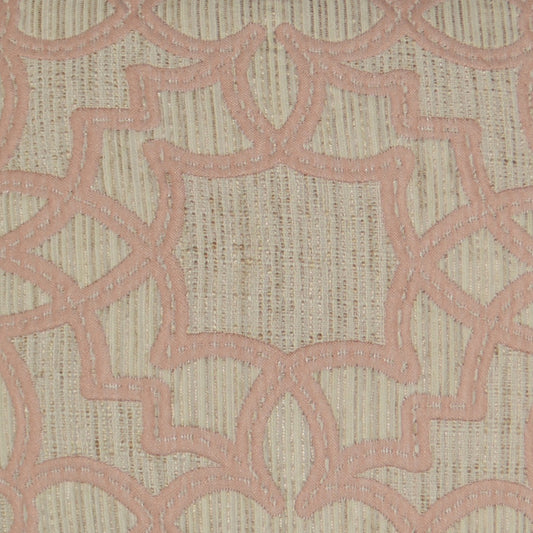 Beige textile with pink embroidered geometric lattice pattern, textured woven background, soft pastel decor fabric.