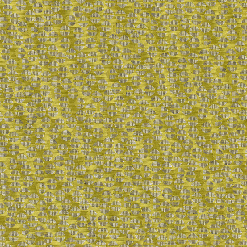 Mustard-yellow woven upholstery fabric with a gray geometric lattice pattern.