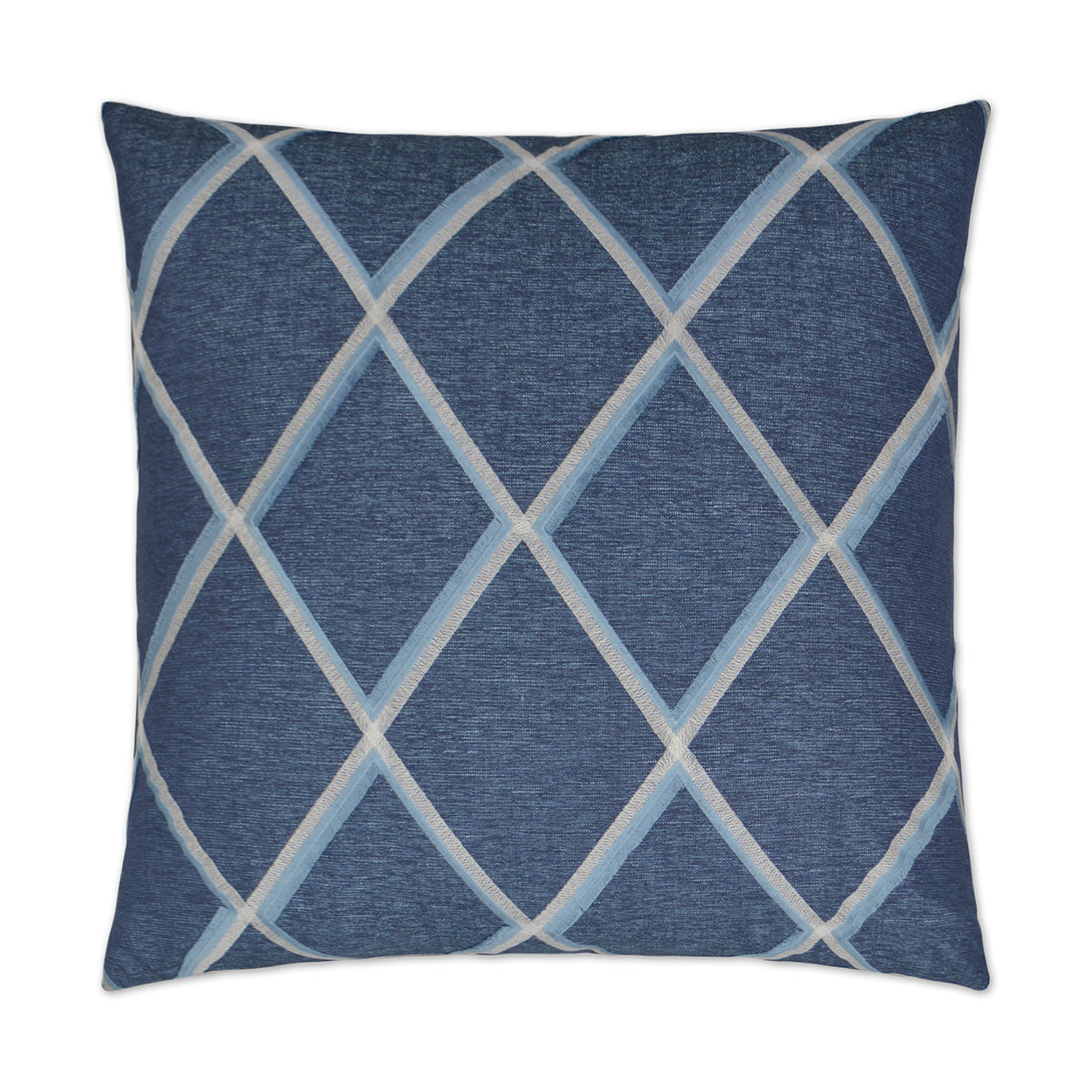 Blue denim-style square throw pillow with a light gray plaid check pattern.