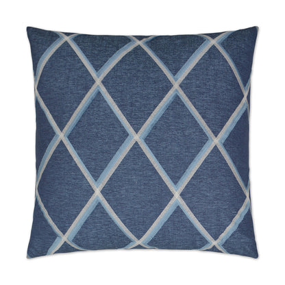 Blue denim-style square throw pillow with a light gray plaid check pattern.