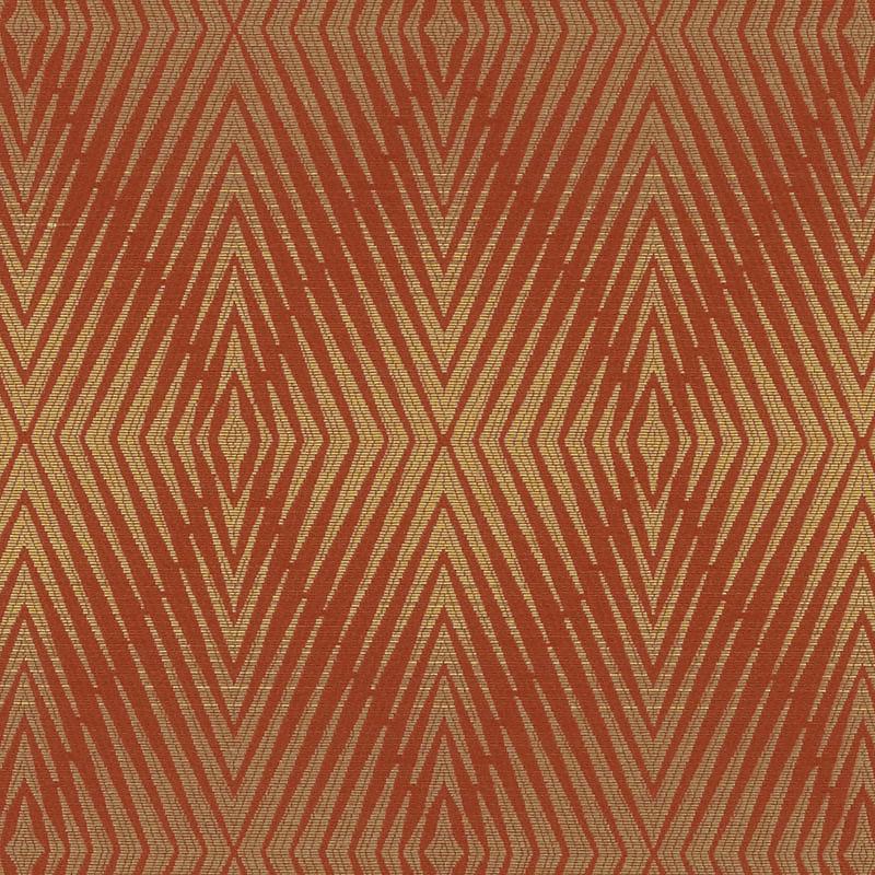 Rust-orange fabric with a gold diamond-chevron geometric pattern; woven texture, ideal for upholstery.