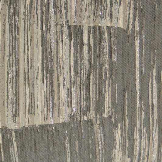 Beige fabric with metallic silver-gray vertical stripes; shimmering textured weave, suitable for upholstery or drapery.