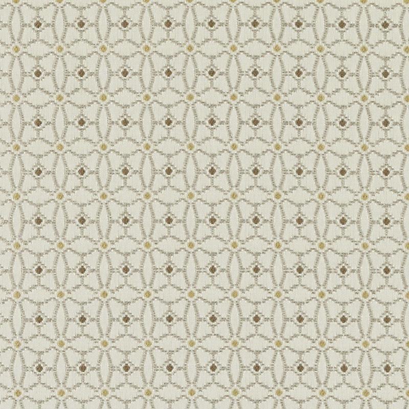 Cream upholstery fabric with beige interlocking circular lattice and small gold centers; vintage geometric damask-inspired pattern.