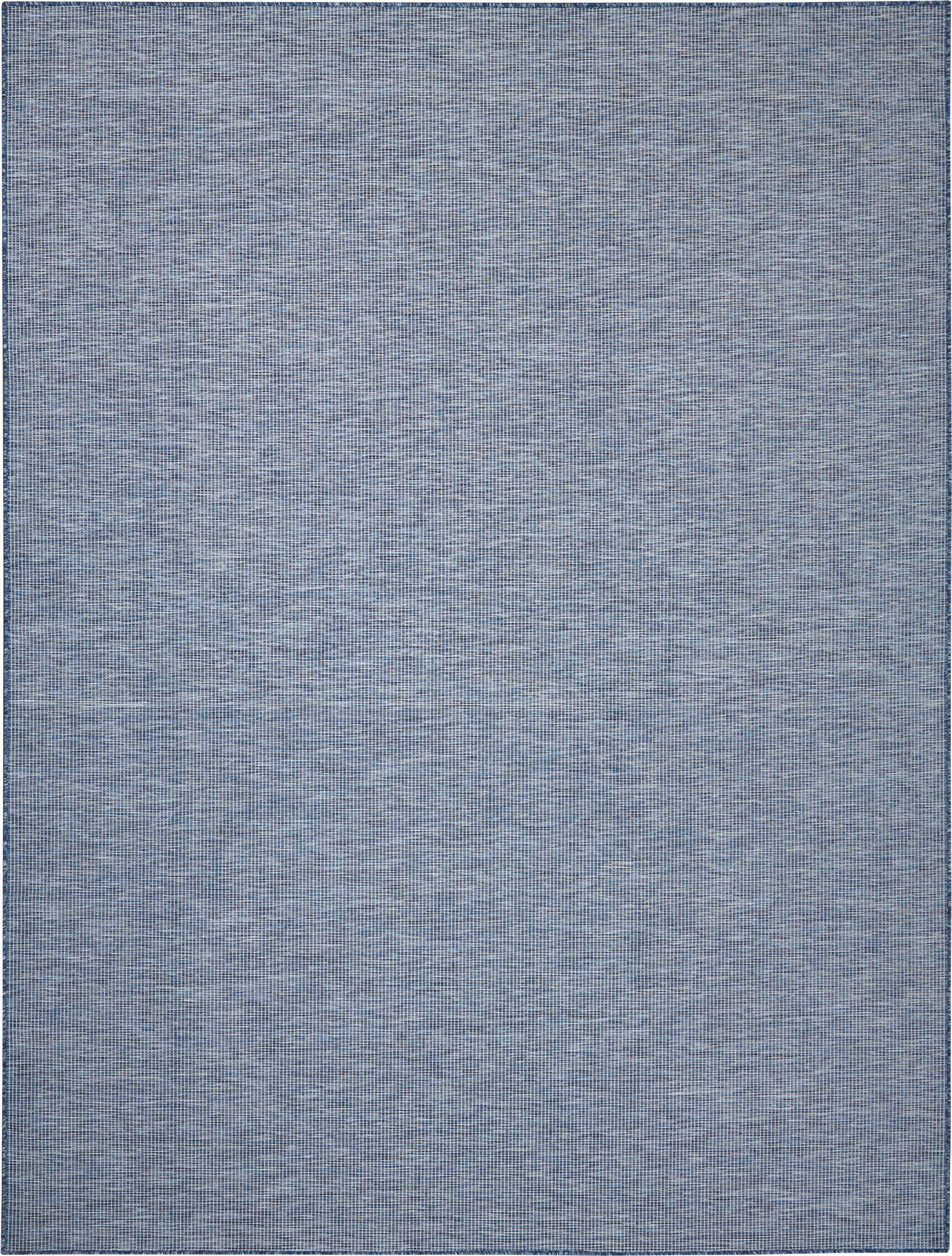 Blue rectangular woven area rug with subtle heathered texture in light and medium blue tones, thin dark border.
