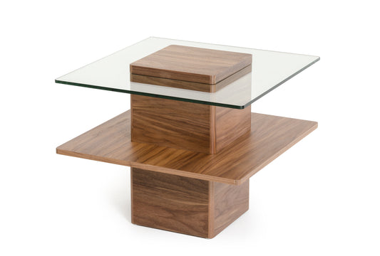 19" Walnut Veneer And Glass End Table