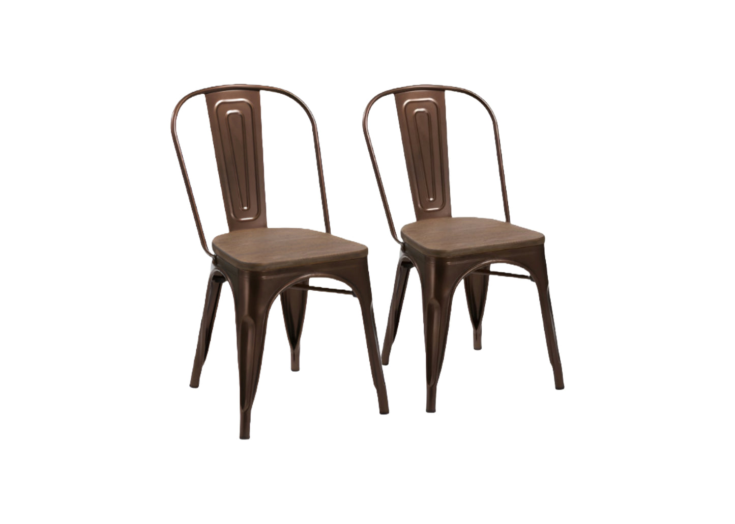 Set of Four Brown Metal and Wood Slat Back Dining Side Chairs