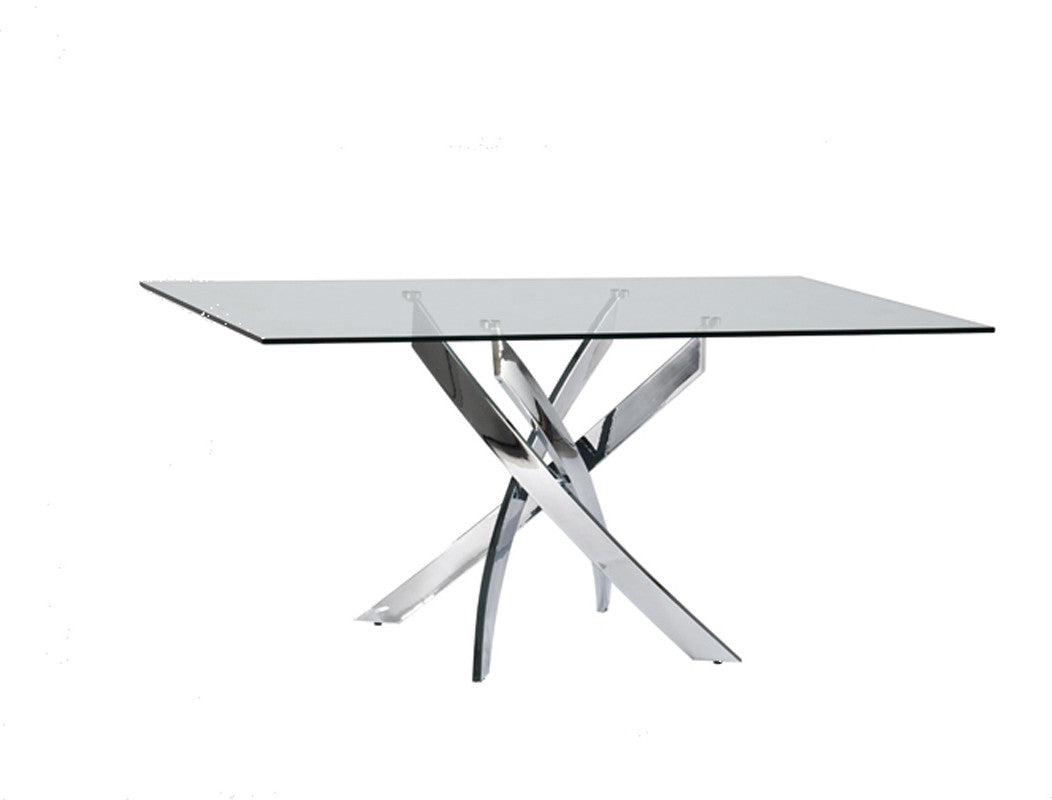 63" Clear And Silver Glass And Stainless Steel Pedestal Base Dining Table